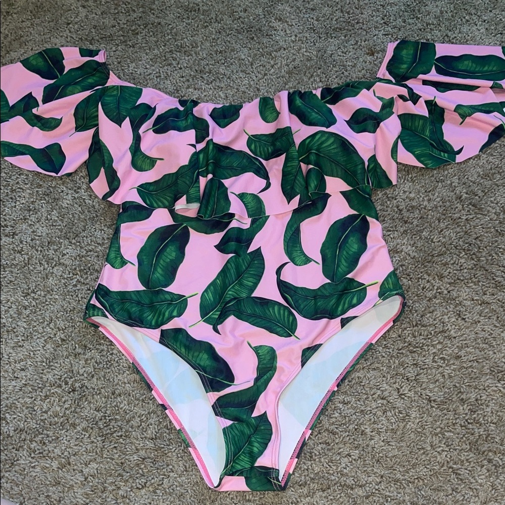 Target Pink and Green Leaf Print One Piece Swimsuit